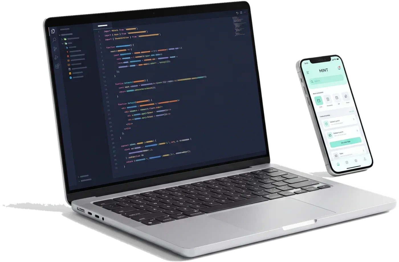Laptop mit Code-Editor und Smartphone mit App-Oberfläche